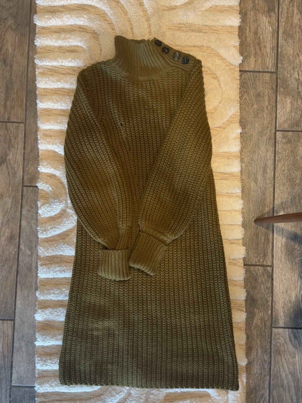 Moon River Olive Sweater Button-Shoulder Turtleneck Dress